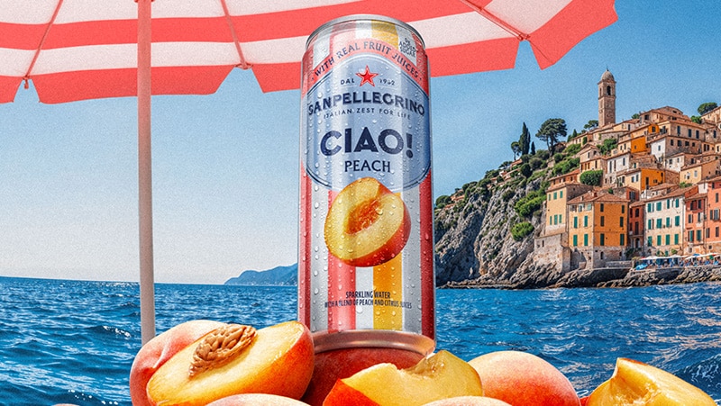 Savor a moment of authentic Italian refreshment with Sanpellegrino CIAO! Peach Flavored Sparkling Water